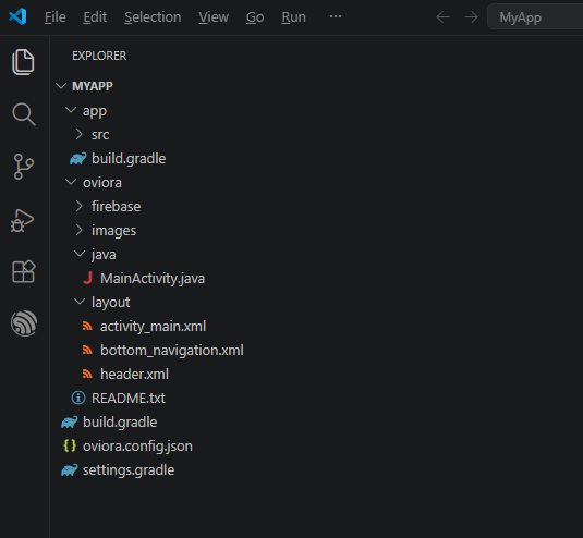Native Android Java XML project files generated by Oviora Builder