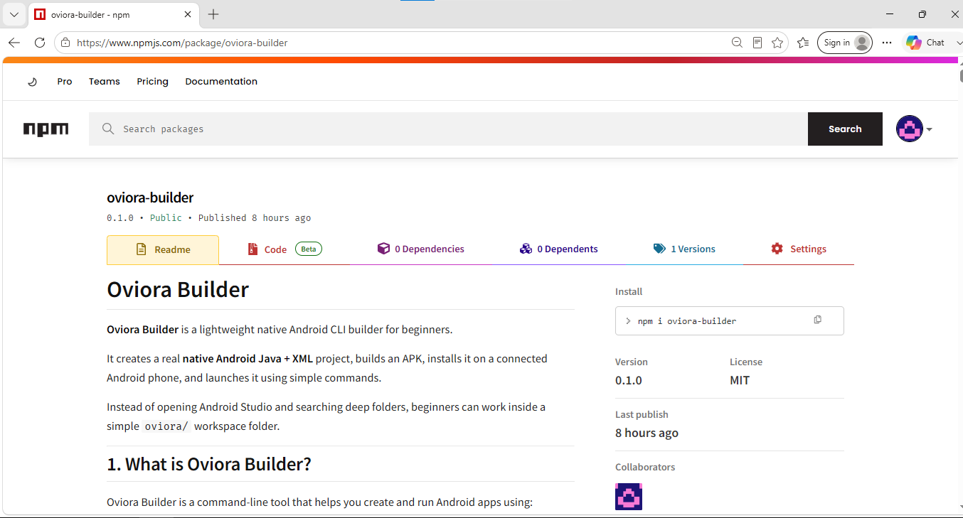 NPM page for oviora-builder package showing public package information