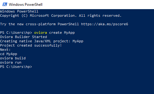 PowerShell running oviora br to build install and launch a native Android app