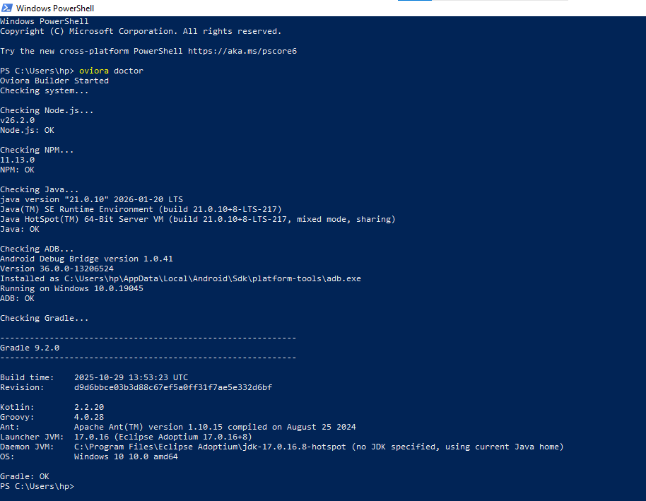 Oviora doctor command checking Node NPM Java ADB and Gradle in PowerShell