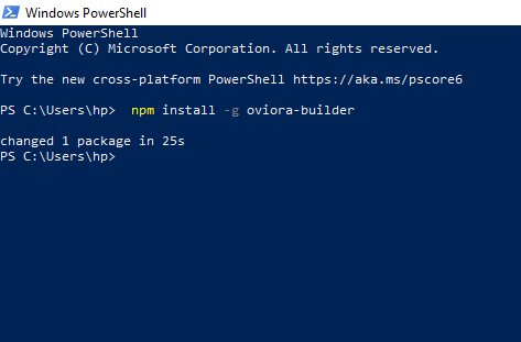 PowerShell installing Oviora Builder from NPM using npm install -g oviora-builder